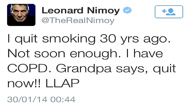 LEONARD NIMOY, O DR SPOCK DE STAR TREK, AFIRMOU EM SEU TWITTER ESTAR COM DPOC LEONARD NIMOY, O DR SPOCK DE STAR TREK, AFIRMOU EM SEU TWITTER ESTAR COM DPOC